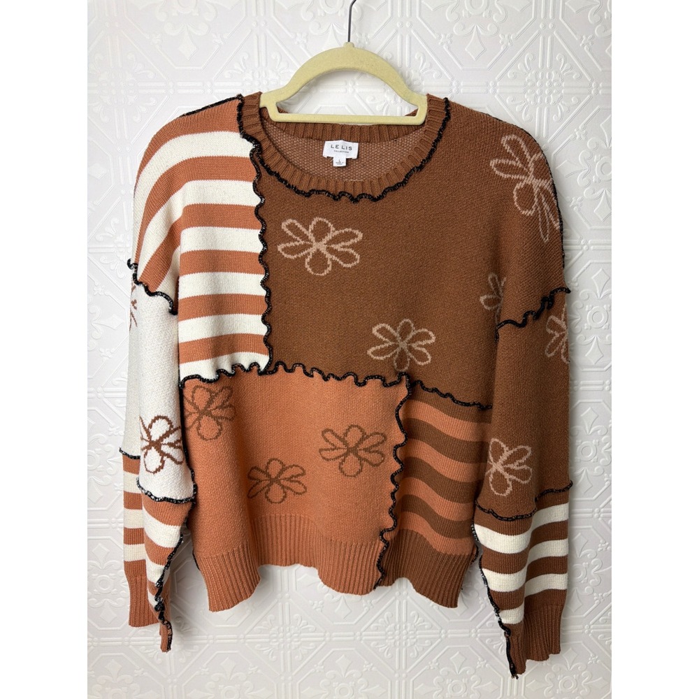 Le Lis Patchwork Sweater Womens L Boho Eclectic Artsy Grandmacore Thick Stretchy